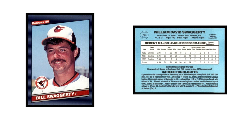 1986 Donruss Bill Swaggerty Orioles #594 - Image 3 of 3