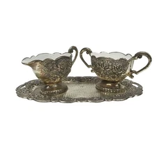 Vintage Cream Sugar Set Roses Floral Scalloped Edges Tray Enamel Interior Japan