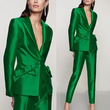 Green Silk Satin Women Suits Party Formal Prom Wedding Lady OutWear 2 Pieces