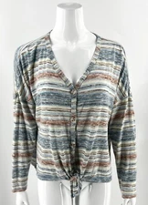 One World Top Sz L Blue Rust Red Tie Front Button Up Cropped Long Sleeve Womens