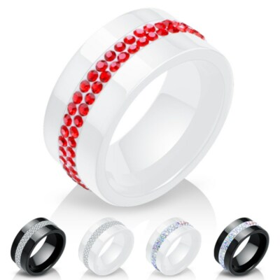 10mm Black/White Ceramic Band Rings Men's Women's White/Rainbow/Red AAA Cz Ring