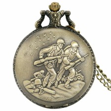 Bronze Carved Battlefield Men's Quartz Pocket Watch Necklace Chain Arabic Number
