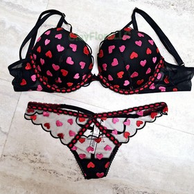 Victoria's Secret Dream Angels Push Up bra set embroidery black heart 5X14 panty