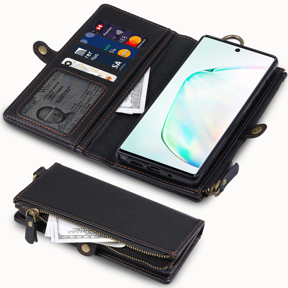 For Galaxy Note 10+ Plus Zipper Leather Wallet Case w/Magnetic