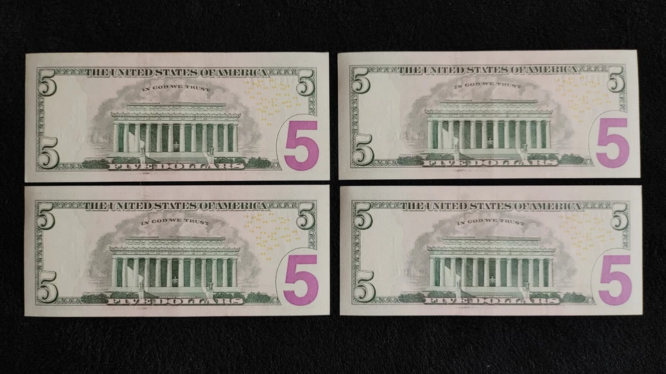 $5.00 Bills (4) In Number Sequence 2013 Lightly Circulated D Series USA - Image 2 of 2