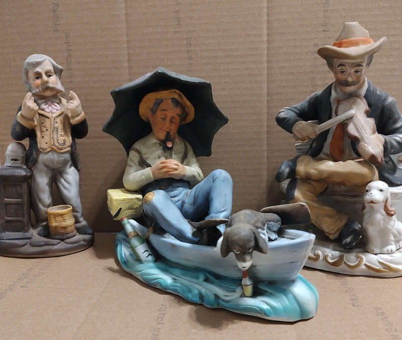 Lot Vintage Porcelain Figurine Sleeping Fisherman & Dog & Rod Drunk In Boat
