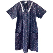 VTG Shirlee XL House Dress Blue w/ Petite Floral Lace Trim Sturdy Cotton EUC
