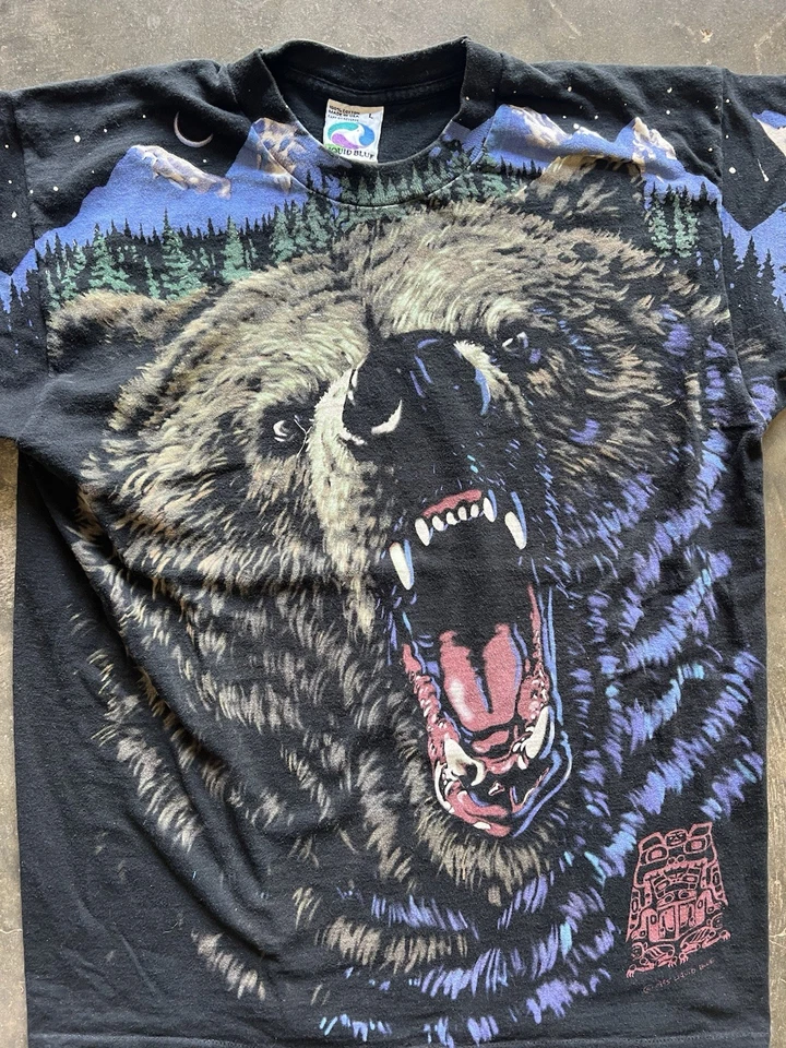 复古 1995 液体蓝熊 T 恤大号 AOP 双面 — 第 3/4 张图片