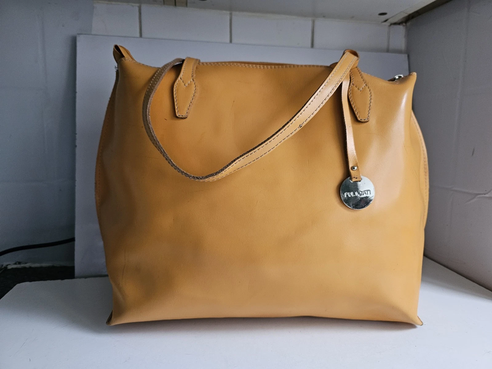 PULICATI ITALY LEATHER DESIGNER WOMENS TAN ORANGE SATCHEL LARGE SHOULDER HANDBAG
