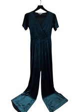 Apricot Velvet Wrap Jumpsuit Women's Size 8 Teal Short Sleeve Relaxed Fit