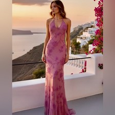 Elegant dusty Pink hand, beaded, designer Evening Gown can be worn two ways