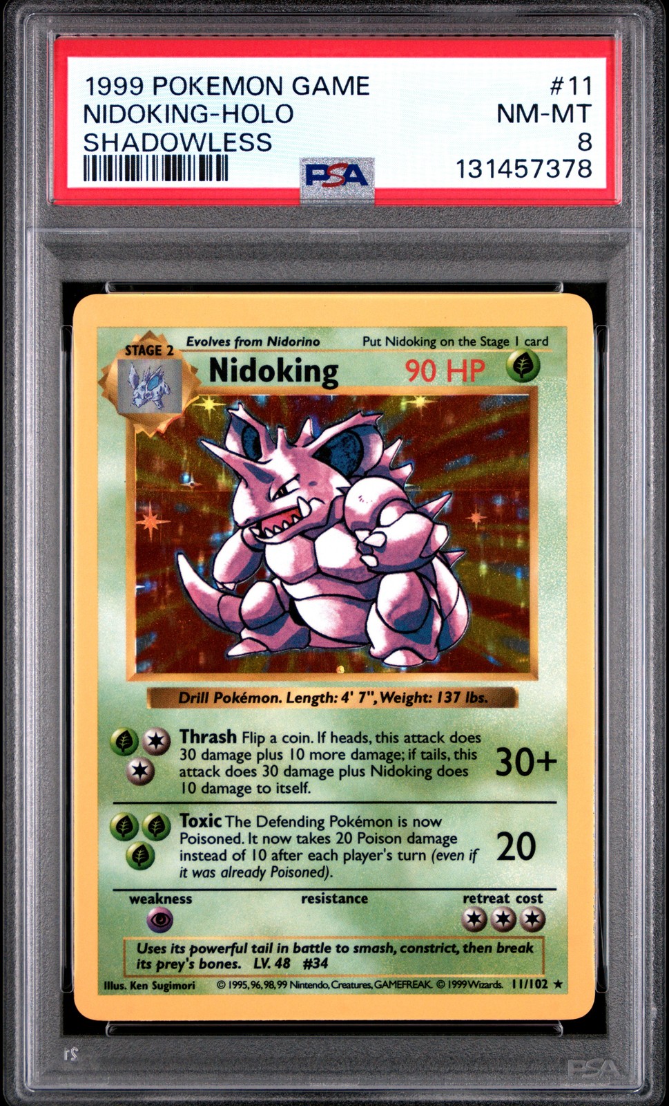 1999 POKEMON GAME SHADOWLESS #11 NIDOKING-HOLO PSA 8