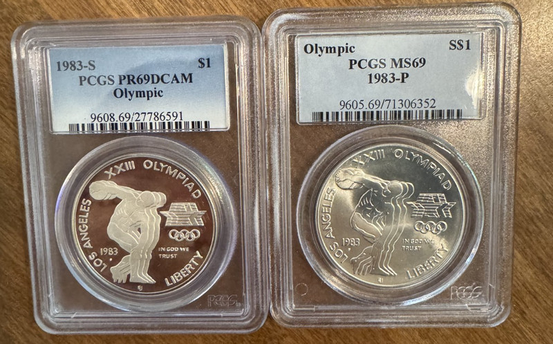1983 S PCGS PR69 D-Cam & 1983 P PCGS MS69 Olympic Dollars, 2 Silver Coins, USA