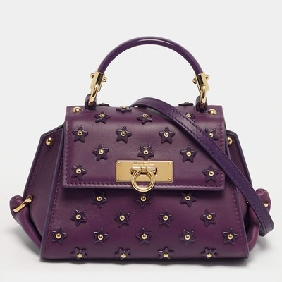 Salvatore Ferragamo Sofia Mini Purple Leather Star Embellished Top Handle Bag