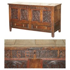 LARGE ANTIQUE 1719 DATED HAND CARVED OAK LINEN TRUNK COFFER CHEST WITH DRAWERS