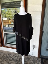 R M Richards Black Cape Overlay Dress Size 12 Sequin Trim Cocktail Evening