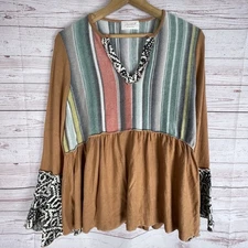 Sugarfox Camel Hacci Multi Stripe Aztec Bell Sleeve Top Sz 1XL Boho Funky