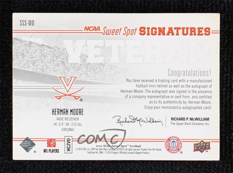 2010 NCAA Sweet Spot Signatures Variations /125 Herman Moore (White Helmet) Auto - Image 2 of 2