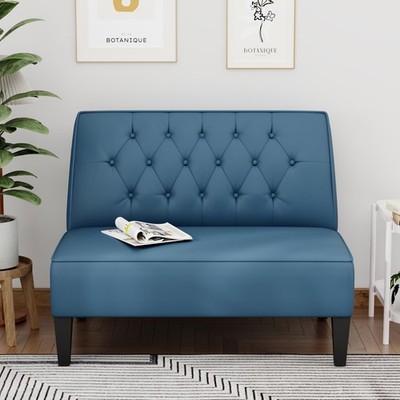 Upholstered Blue Loveseat Bench Couch for Bedroom, Modern Cushioned Armless S...