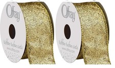 2 Offray Wired Edge Glitterie Craft Ribbon 1 1/2 inches x 9 Feet Gold