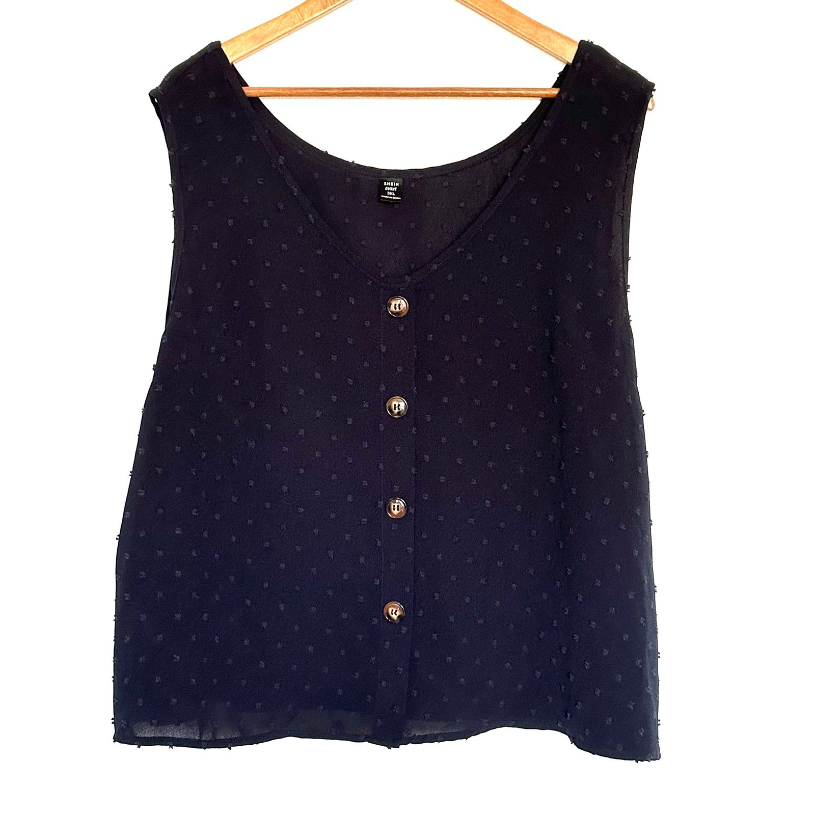 Shein Curve Shirt Women's 3XL Navy Blue Sleeveless Swiss Dot Sheer Top