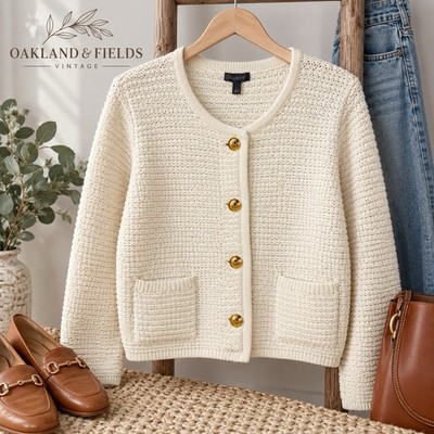 Talbots Kate Cardigan Sweater Women s Large Ivory Cream Knit Gold Buttons Pocket