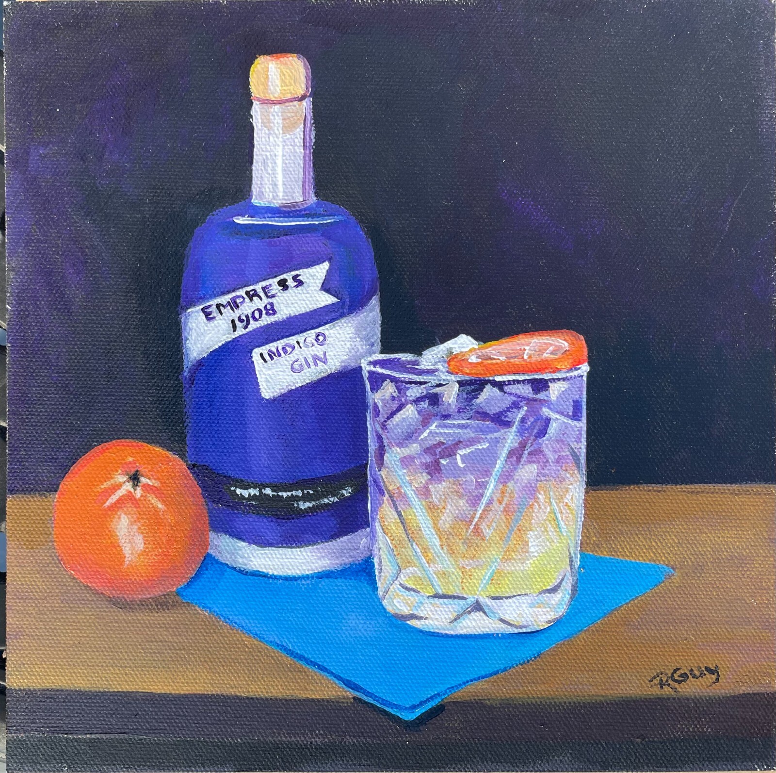 Original 8x8 framed oil painting Empress Gin & Tonic by R guy