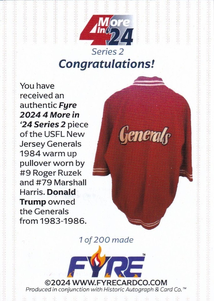 DONALD TRUMP 2024 FYRE 4 MORE IN 24 SERIES 2 AUTHENTIC PATCH 1/200