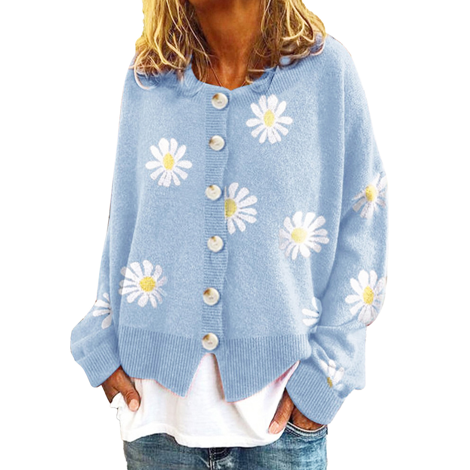 (sky Blue)Women S Cardigan Round Neck Open Front Sweater With Daisy Motif Long eBay