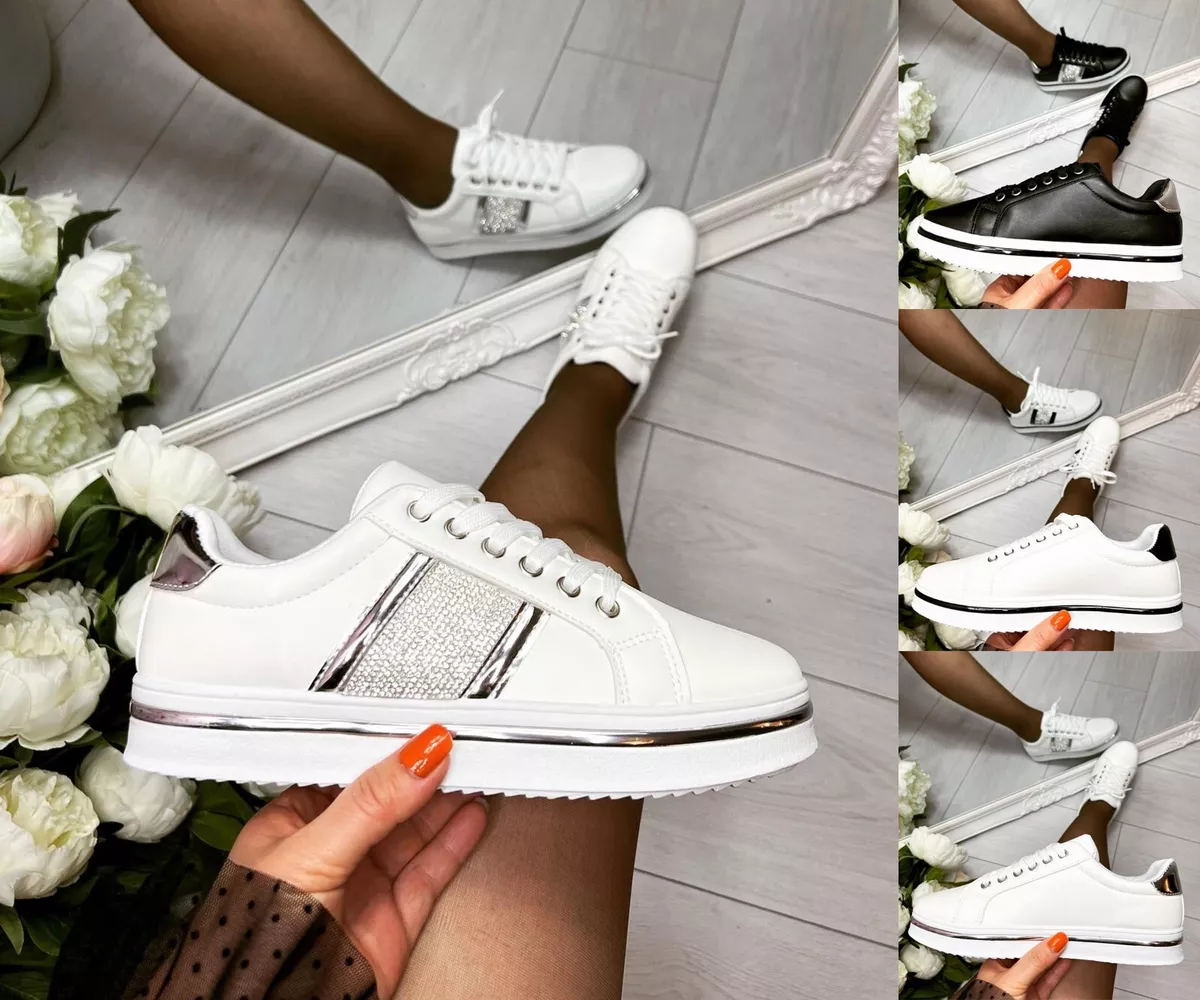 Ladies white diamante trainers hot sale