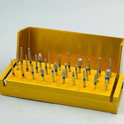 30pcs Dental Diamond Burs Drill+Disinfection Bur Block High Speed Handpiece Kit