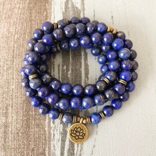 108 Mala Beads Natural Lapis Lazuli Stone Beaded Necklace Lotus Charm Necklace