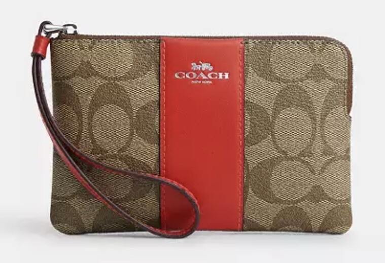 COACH Corner Zip Wristlet Signature Canvas W/ Red Stripe - MSRP