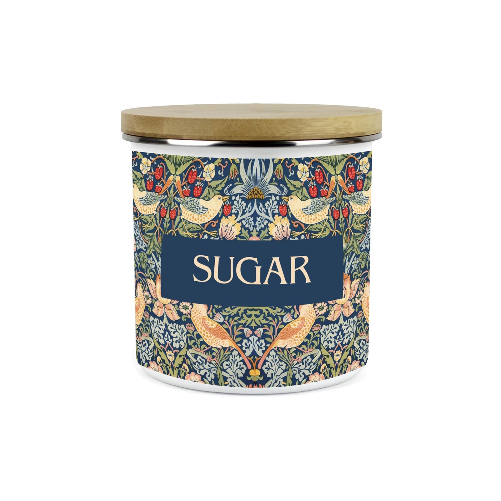 Strawberry Thief Sugar Storage Canister - Enamel & Bamboo Kitchen Container