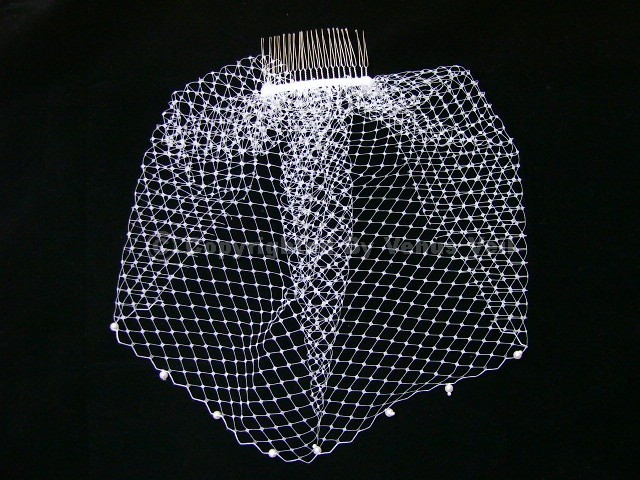 Handmade White 9" Bridal Pearls Edge Wedding Birdcage Blusher Veil