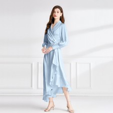 Women V-neck Temperament Classic Silk Satin Ruffled Long Dress Party Club Office