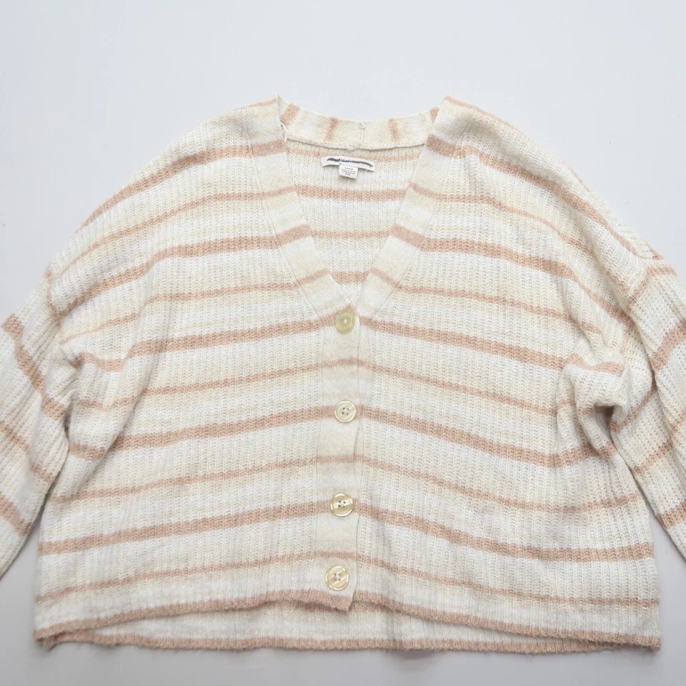 Cárdigan con botones a rayas beige talla pequeña suéter American Eagle para mujer Foto 3 de 4