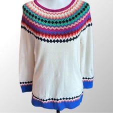 Talbots Nordic Fair Isle White Multicolor 3/4 Sleeve Wool Blend Sweater in Small