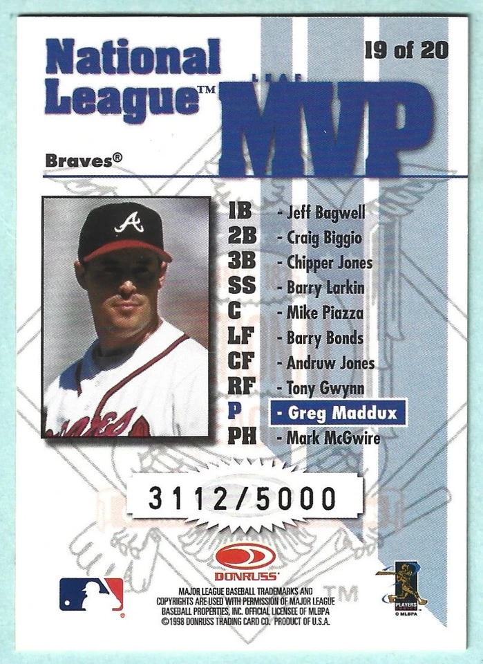 1998 Leaf Rookies and Stars - MVP’s - Greg Maddux - #19 - Atlanta Braves - NrMt+ - Image 2 of 4