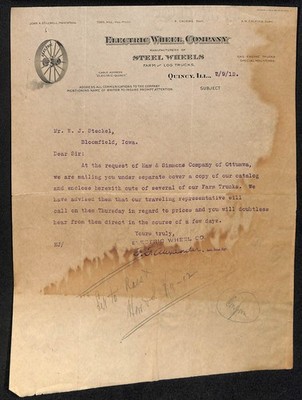 1912 Electric Wheel Company Quincy, IL Farm Truck ''Steel Wheels''  Letterhead