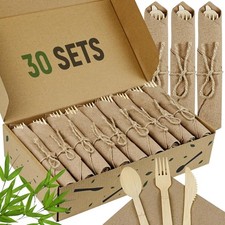 Pre Rolled Bamboo Cutlery Set - 30 Pack Compostable Utensils and Napkins