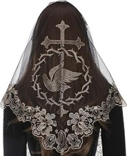 Church Mantilla Catholic Veil: White Sacred Heart of Jesus Embroidered Lace C...