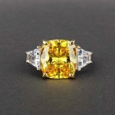 3Ct Cushion Cut Yellow Citrine Three Stone Engagement Ring 14K White Gold Finis