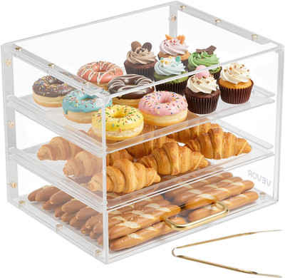 Bakery Display Case, 3-Tier Commercial Countertop Pastry Display Case, Clear Acr