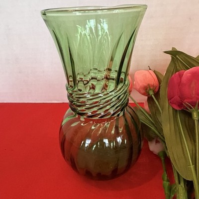 Vintage Indiana Glass Avocado Green Optic Swirl Twist Vase Grandma Chic Tulips