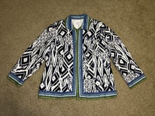 CHICOS Linen Blend Open Front Tribal Aztec Jacket Blazer Career Office Casual L