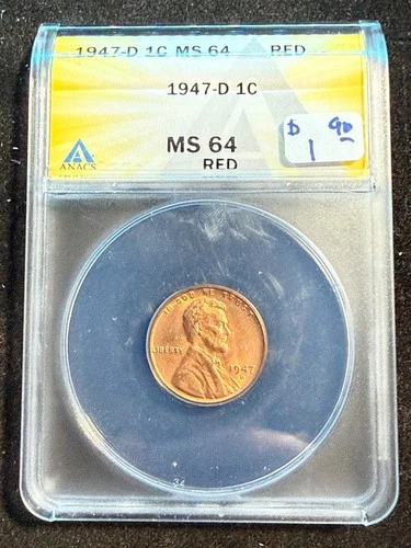 1947 D LINCOLN WHEAT CENT ANACS MS 64 RD 139