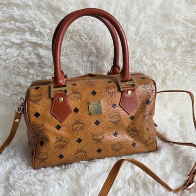 MCM 2-way Mini Boston Bag with Visetos Logo Plate Shoulder Strap