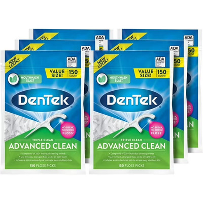 DenTek Triple Clean Floss Picks 150ct Pack of 6 Removes Plaque No Shred