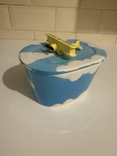 Vintage Blue Utterly Butterly Ceramic Butter Dish With Airplane Lid Nostalgic